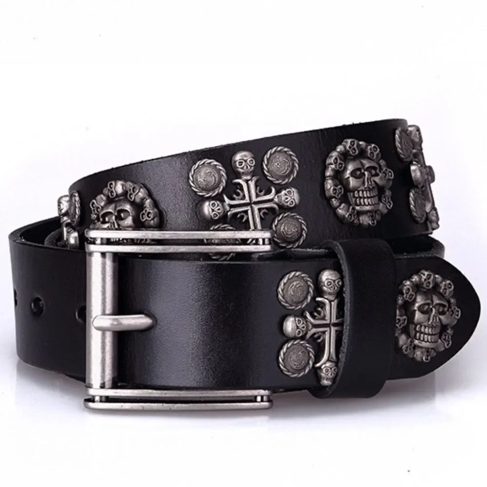 Black Genuine Leather Studded Brush Nickel Skulls Biker Moto Belt NEW